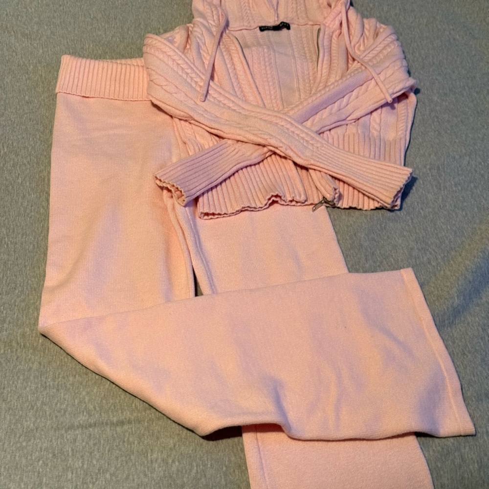 Pink Knit Hoodie and Pants Two Piece Set